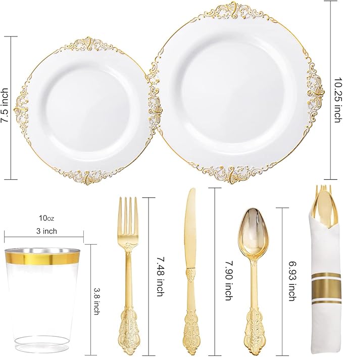 Nervure 350PCS Gold Plastic Plates - Gold Plastic Dinnerware Sets for 50 Guests - 100 Disposable Plates, 150 Silverware, 50 Cups, 50 Napkins for Wedding & Party & Thanksgiving