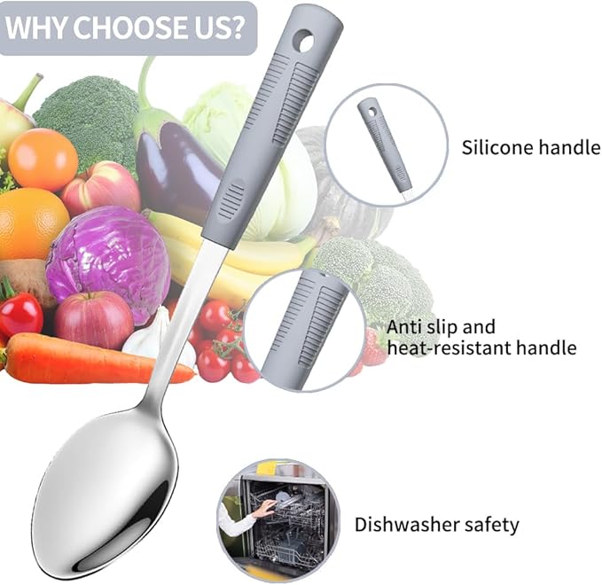 2-Piece,Stainless Steel Serving spoons set with Slotted Spoon.Serving Spoon and Perforated Spoon, kitchen cooking serving utensils set cooking spoon-grey