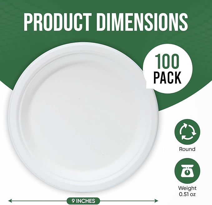 9 Inch Paper Plates 100 Pack - 100% Compostable Dinnerware | Leak & Grease Resistant Disposable Plates for Parties, Microwavable, Bulk Eco-Friendly - White