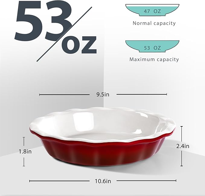 Lareina Deep Dish Pie Pan for Baking, 9 Inch Ceramic Fluted Pie Dish for Apple, Quiche, Pecan, Pot Pies, 53 Ounce Round Pie Plate, Gift for Thanksgiving, Set of 2, Red