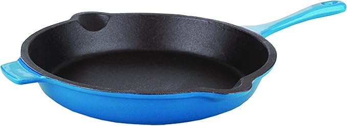 BergHOFF 5Pc Neo Enameled Cast Iron Cookware Set, 3qt. Dutch Oven, Fry Pan 11", Grill Pan 10", Black Slotted Steak Press, Matching Lid,Oven Safe Up To 400°F, Blue