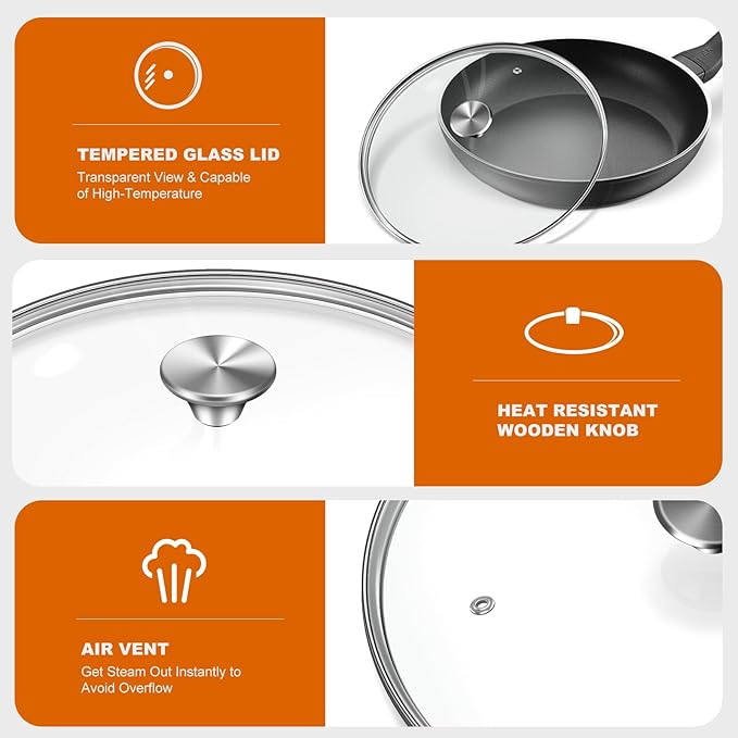 8 inch Tempered Glass Lid with Stainless nSteel Handle, Versatile Round Replacement Lid for 8 inch Skillets, Pots and Pans - Dishwasher Safe