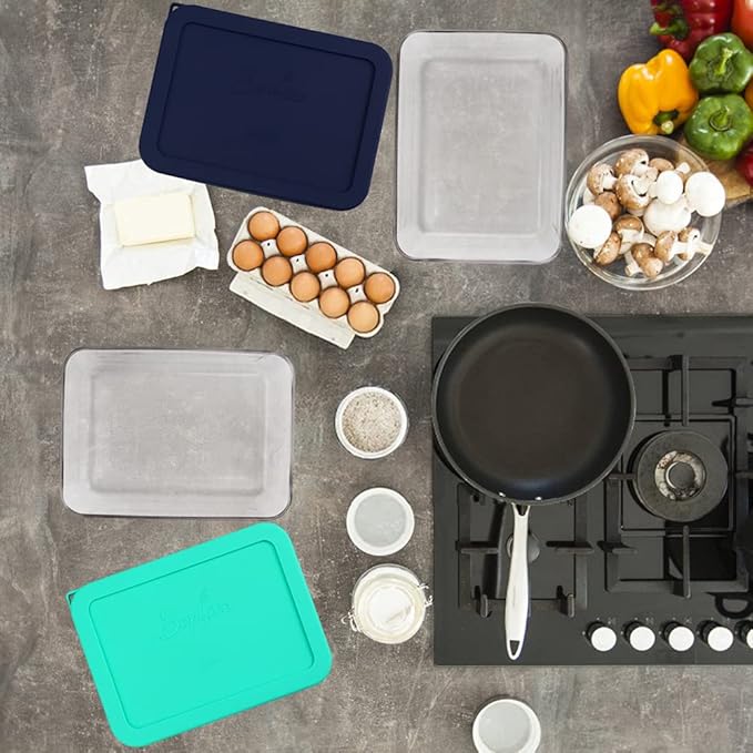 Sophico 6 Cup Rectangle Silicone Storage Cover Lids Replacement for Pyrex 7211-PC Glass Bowls, Container not Included (Navy Blue-Mint)