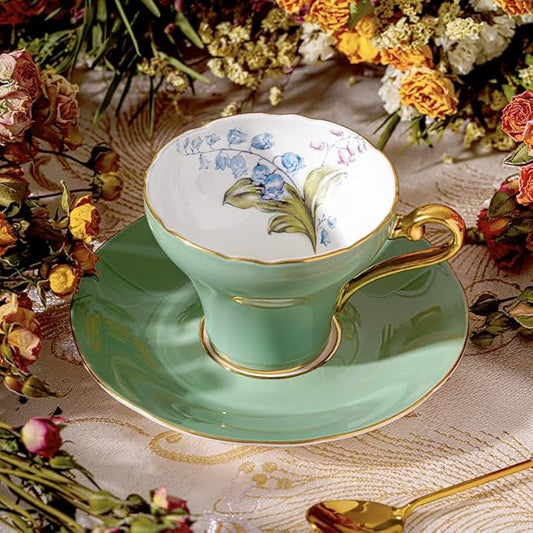 Aynsley Handpainting Colored Glaze Lily of the Valley Corset Fine Bone China English Tea Cup and Saucer Set, 6.1 oz (Green)