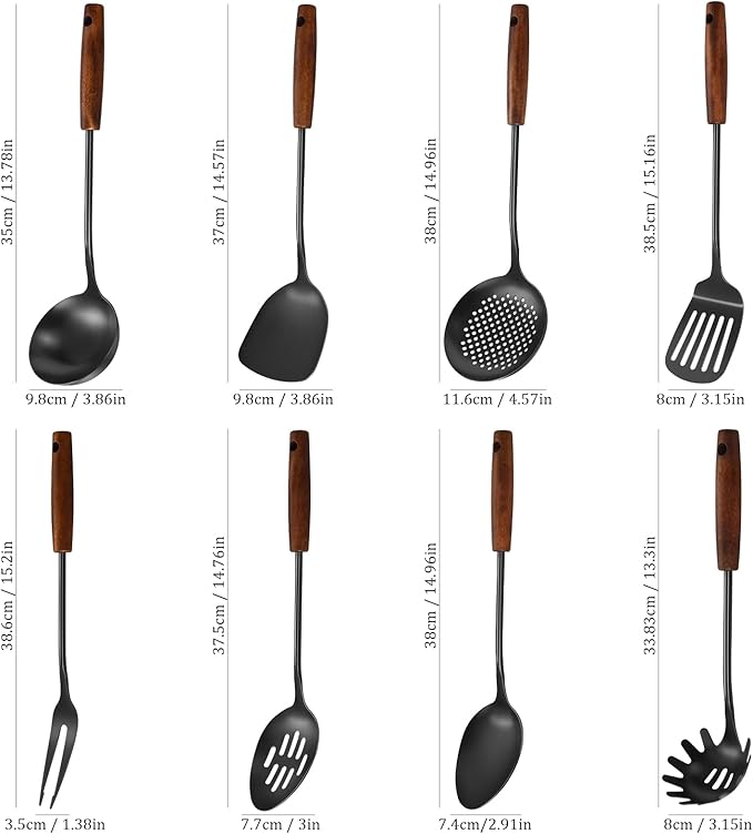 304 Stainless Steel Kitchen Utensils Set, 8 Pcs Long Cooking Utensils Set with Wooden Handle, Large Heat Resistant Kitchen Tools(Black, Dishwasher Safe)