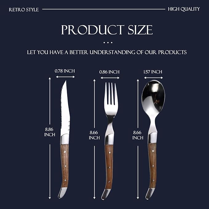 24 Piece Silverware Set, Flatware Set for 8, 1810 Stainless Steel Tableware Cutlery Set With Golden teak wood handle, Utensil Sets for Kitchen,Dishwasher Safe (24pcs)