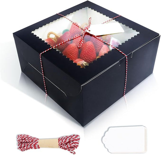 20Pcs 10 Inch Cake Boxes with Window, 10x10x5 Inches Black Bakery Boxes, Cake Carrier Container for Pastries, Pie, Cookies, Chocolates, Cupcakes, Birthday Party, Wedding