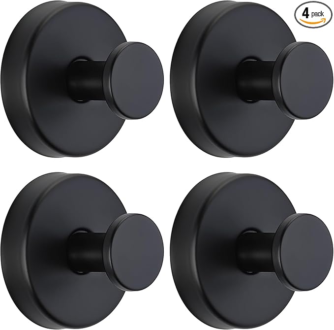 Suction Cup Hooks for Shower No-Drill Bathroom Hooks for Towels, Robes, Loofah Mountable on Bathroom Walls, Kitchen, Glass, Mirrors, Tile and Smooth,Non-Porous Surfaces (4, Matte Black)