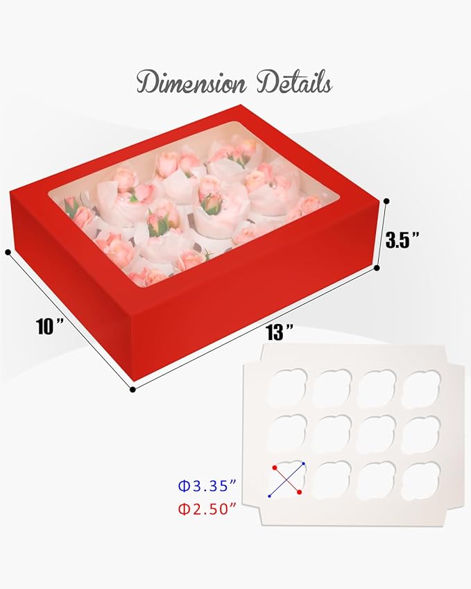 Bakepacker 12 Cupcake Containers 10-Packs Red Cupcake Box Cupcakes Carrier, 12 Cupcake Boxes with Window 13"x10"x3.5"（Auto-pop up）