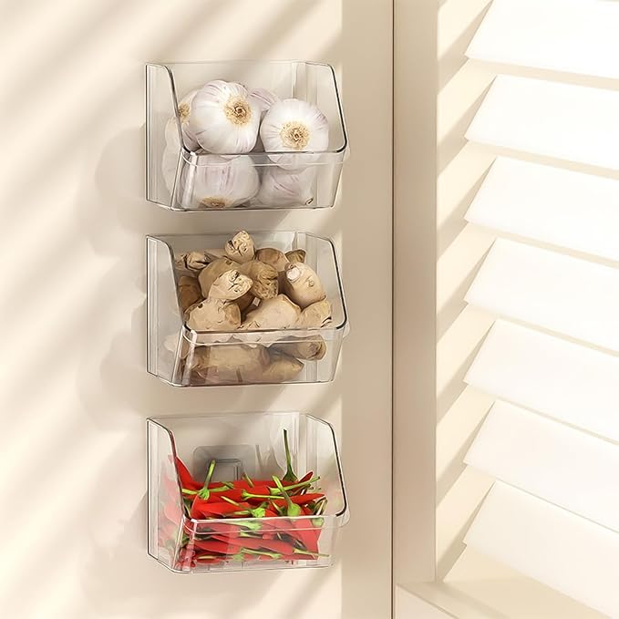 3 Pack Wall Mounted Storage Organizer Bins, Floating Shelves Fridge Organizer Storage Bins, Stackable Organizer Basket for Wall, Refrigerator, Kitchen, Bathroom, Countertops, Pantry (Clear)