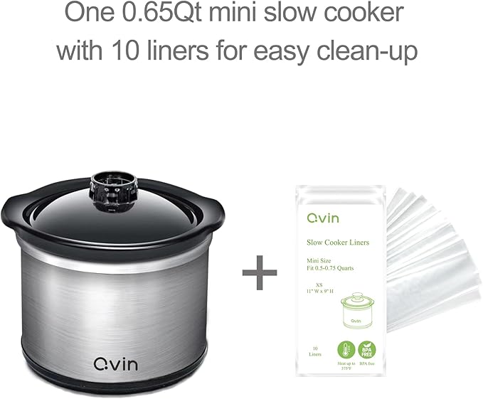 Mini Slow Cooker 0.65qt(20oz) warmer with 10 pcs food safe liners, fondue pot set,chocolate melting pot (stainless steel)