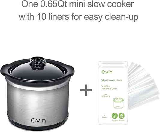 Mini Slow Cooker 0.65qt(20oz) warmer with 10 pcs food safe liners, fondue pot set,chocolate melting pot (stainless steel)