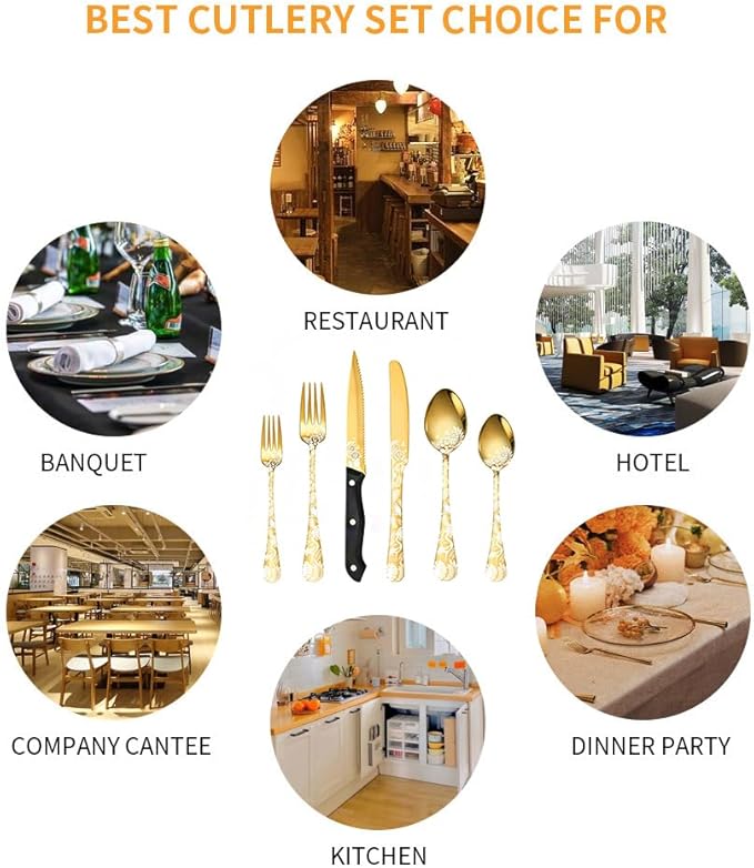 Premium 24 Piece Western Pattern Steak Knife,Fork and Spoon Set,Set for 4,Stainless Steel Cutlery Set with Gift-Ready Box,Dishwasher Safe, Ergonomic Design (Gold)