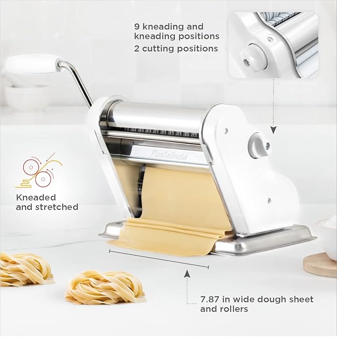 PASTALINDA Classic 200 Pasta Maker Machine, 20 cm Wide Rollers, 9 Thickness Positions, 2 Cutting Positions, Stainless Steel. Includes Reinforced Hand Crank And Two Clamps