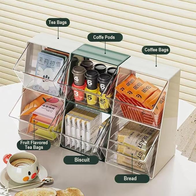 K Cup Holder, Large Capacity Tea Bag Organizer with 2 Drawers, Clear Coffee Pod Storage for Creamer, Sugar, Snack, Stationery, Cookies, Hair Tie - Green