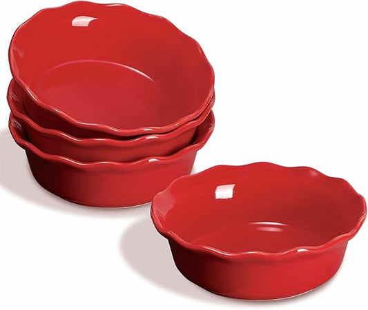 ONEMORE Pie Pans, 6.8 inch Small Chicken Pot Pie Plates 16 oz Deep Dish Pie Pan Ceramic Baking Plates for Dessert Oven Safe Round Baking Dish Pans Set of 4 - Red