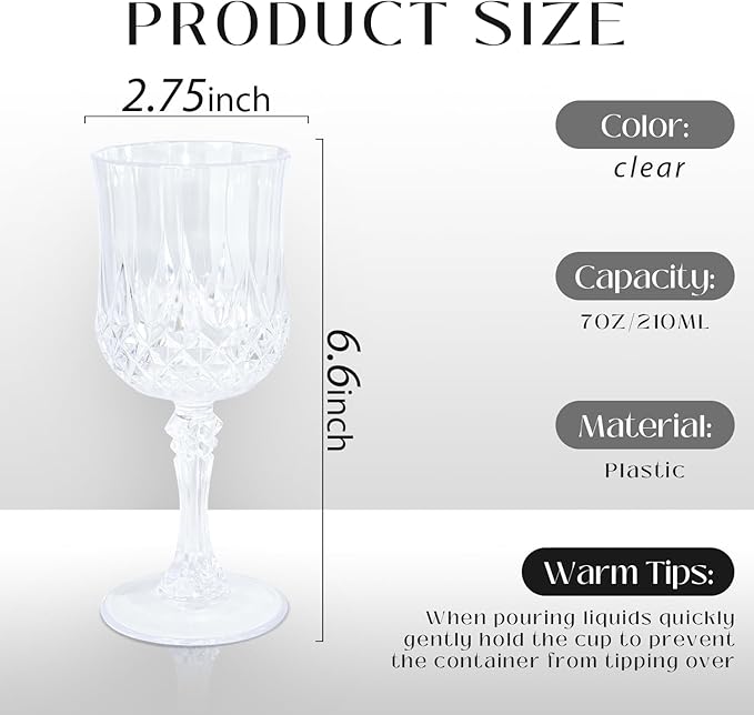 7 Oz Clear Plastic wine glasses, plastic goblets for parties, White Wine Glasses, plastic water goblets Wedding Office, Bars, cocktail (12, transparent)