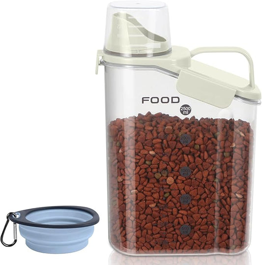 3-5 LBS Cat Dog Food Storage Container Upgraded Large Nozzle BPA-free, Plastic Pet Food Storage Containers With 4 Sealed Clasps, 1 Measuring Cup and With Folding Bowl (Beige 1Pack)