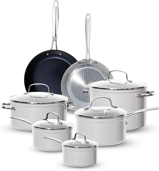 Nuwave Healthy G11-Pots and Pans Set Non Stick, 9H Near-Diamond Hardness Scratch-Resistant, Works on All Stovetops, PFAS Free, with Frying Pans, Saucepans & Glass Lids, Stay-Cool Handles, Tinsel