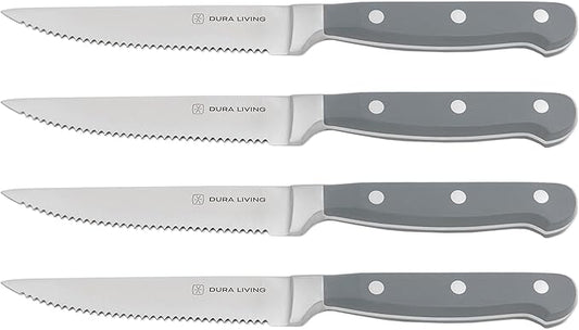 Premium 4-Piece Steak Knife Set – Sharp Serrated Blades, Forged High Carbon Stainless Steel, Full Tang, Ergonomic Handle, Elegant Gray Finish – Ideal for Dining & Entertaining