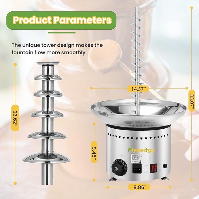 Commercial Chocolate Fountain 6 Layers 19Lbs Large Chocolate Fondue Tower Stainless Steel Hot Chocolate Waterfall for Nacho Cheese Knob Control