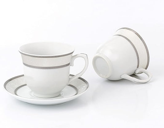 World Gifts Elegant Durable and Colorful Porcelain Tea-Coffee Cups and Saucers Set - Silver, 8 oz. Set of 4