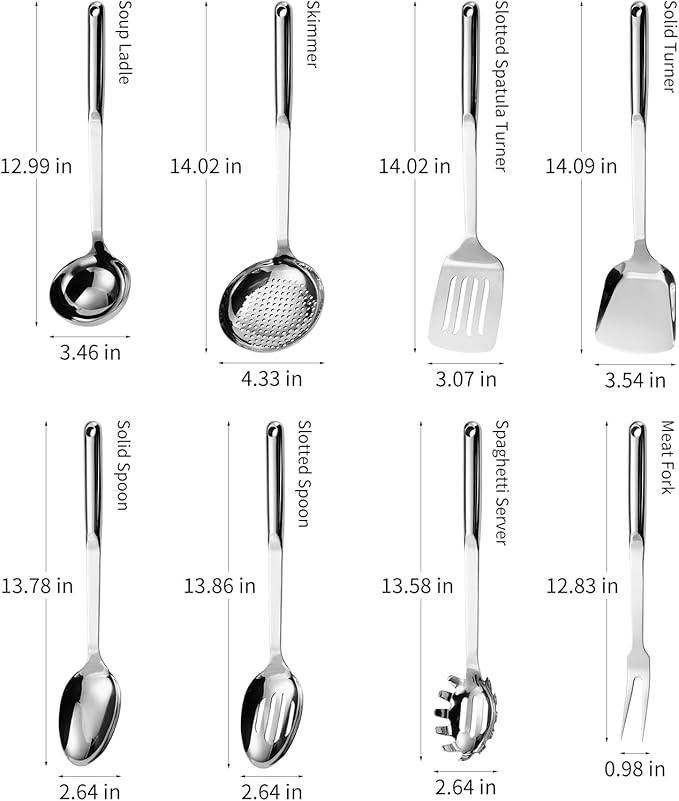 304 Stainless Steel Cooking Utensils Set, 8PCS Kitchen Utensils Set, Include Skimmer, Soup Ladle, Spaghetti Server, Wok Spatula, Slotted Spoon, Solid Spoon, Slotted Spatula Turner & Meat Fork