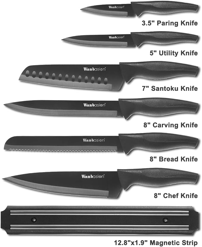 Wanbasion 7 Piece Black Sharp Knife Set for Kitchen, Stainless Steel Chef Knife Set with Magnetic Strip and Cover for Meat Cutting