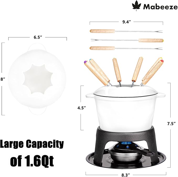 Mabeeze Cast Iron Fondue Pot Set for Cheese, Chocolate or Meat - White Enameled 1.6 Qt Pot - Includes 6 Fondue Forks
