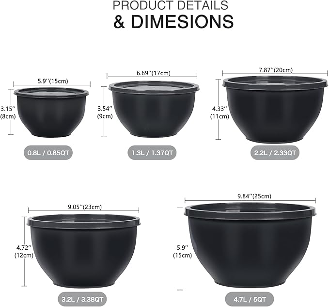 5-Piece Plastic Mixing Bowls with Lids Set for Kitchen, Nesting Bowls for Mixing, Baking, Prepping, Cooking and Serving Food, Grey Mixing Bowls Dishwasher, Microwave Safe, large
