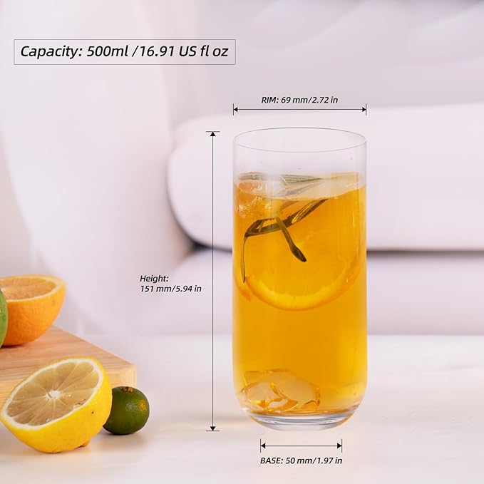 KAMMAK Drinking Glasses Set of 2, 17oz Crystal Water Glasses,Tall Glass Cups, Highball Glass for Cocktail, Juice, Mojito, Iced Tea, Collins Glasses, Kitchen and Bar Glassware Gifts