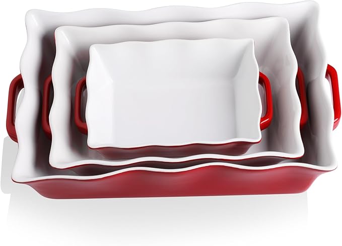 Sweejar Casserole Dishes for Oven, Ceramic Bakeware Set of 3, Rectangular Baking dish with Handles, Wave Edge Lasagna Pan Deep for Cooking, Cake, Dinner, Banquet and Daily Use (Red)