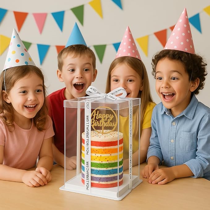 Sweet Degrees Clear Plastic Cake Box 13"x13"x19.5" | Ribbon Included |Tall Square Cake Carrier with Lid | Reusable Display Container for Tiered Cakes | Ideal for Weddings, Events, and Bakeries