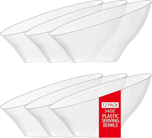 bUCLA 54 OZ Clear Plastic Serving Bowls (12 Pack) - Angled Serving Bowls Disposable for Chip&Candy - Party Table Salad and Fruit