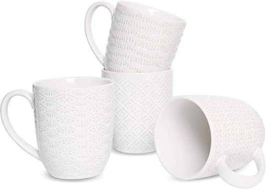 Bosmarlin Ceramic Coffee Mug Set of 4, 12 Oz, Tea Cups, Dishwasher and Microwave Safe (White, 12 oz)