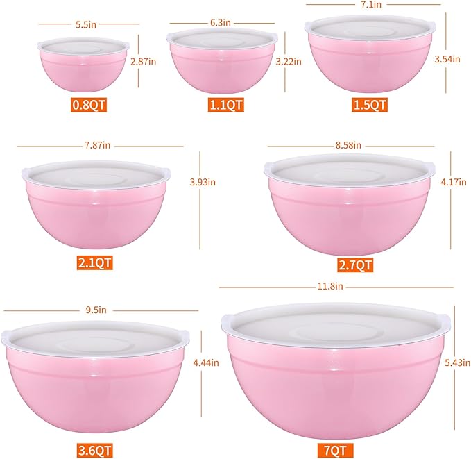 Pink Mixing Bowls With Airtight Lids,Stainless Steel Bowl,Salad Bowls 7 Piece Colorful Nesting Bowl Pink Kitchen Accessories,Size 7,3.6,2.7,2.1,1.5,1.1,0.8QT Stackable Design