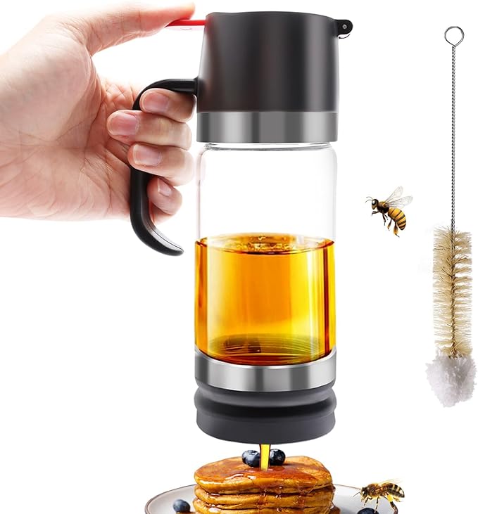 12 OZ Glass Honey Dispenser with Handle,Honey Syrup Dispenser No Drip with Cleaning Brush,Honey Jar for Coffee or Tea,Black