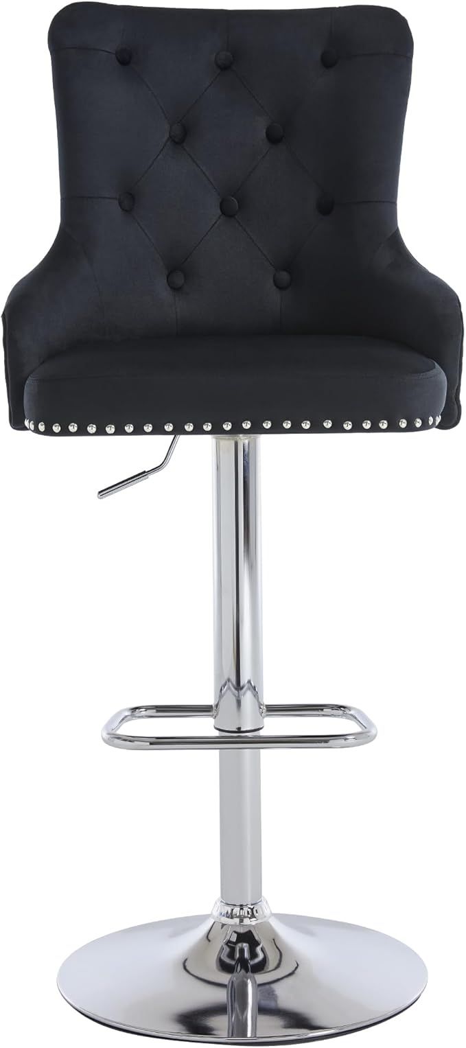 Velvet Barstools Set of 2, Modern Counter Height Adjustable Swivel Stools Chairs with High Tufted Backrest Chrome Base Lion Head Pull Ring Diamond Pattern Rivet Trim for Kitchen (Black)
