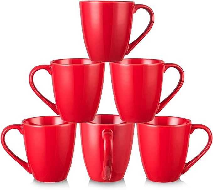 vicrays Coffee Mug Set, 12 Ounce, Ceramic Mug for Men, Women, Unique Glazed Mugs with Handle for Coffee, Tea, Milk, Cocoa, Cereal - Set of 6 Red