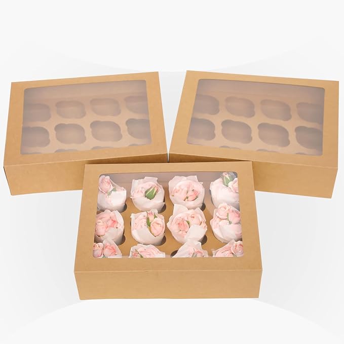 Bakepacker Auto-pop up 12 Cupcake Containers 6-Packs Brown Cupcakes Carrier, 12 Cupcake Boxes with Window 13"x10"x3.5"