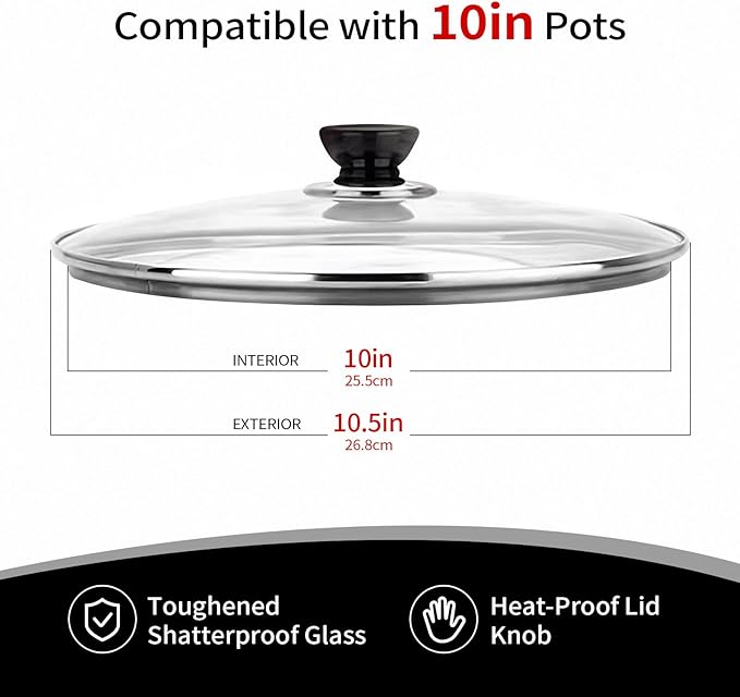 Tempered Glass Lid for Instant Pot 8-10 Quart - 10 Inch Universal Pot Cover Replacement, Clear with Heat-resistant Handle, Stainless Steel Rim, Easy to Grip (M)