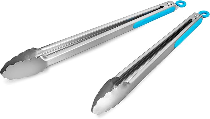 304 Stainless Steel Kitchen Cooking Tongs, 14" and 16" Set of 2 Sturdy Grilling Barbeque Brushed Locking Food Tongs with Ergonomic Grip, Blue