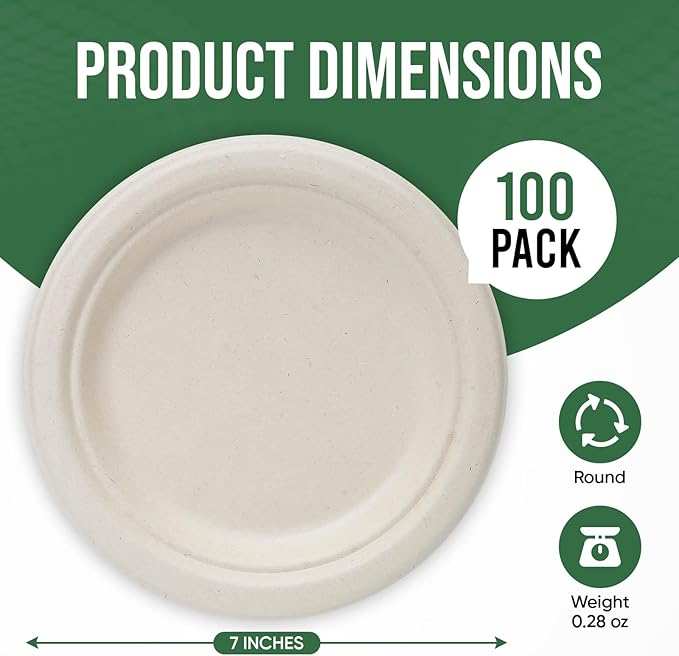 7 Inch Paper Plates 100 Pack - 100% Compostable Disposable Plates, Heavy Duty Dessert Plates, Biodegradable Sugarcane Plates for Party (Microwavable, Oil/Water Proof, Eco-Friendly, Brown)