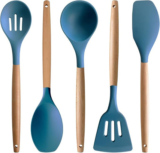 Silicone Kitchen Cooking Utensils Set 5Pcs Non-Stick Silicone Kitchen Utensils Set Spatula Spoon Turner Ladle with Wooden Handle, Heat Resistant Cooking Gadgets for Nonstick Cookware BPA-FREE