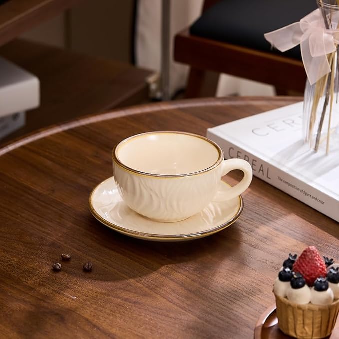 Vintage Design 12 oz Ceramic Latte Art Cappuccino Barista Cup with Saucer (Wave Beige)