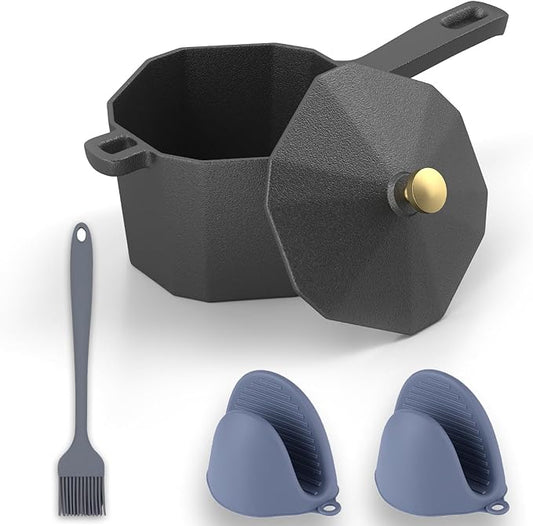 Cast Iron Sauce Pot with Lid,Premium Small Cast Iron Pan for Butter Melting, Basting and Grilling,Heavy Duty Butter Warmer, Camping Cookware, pre seasoned, Includes accessories