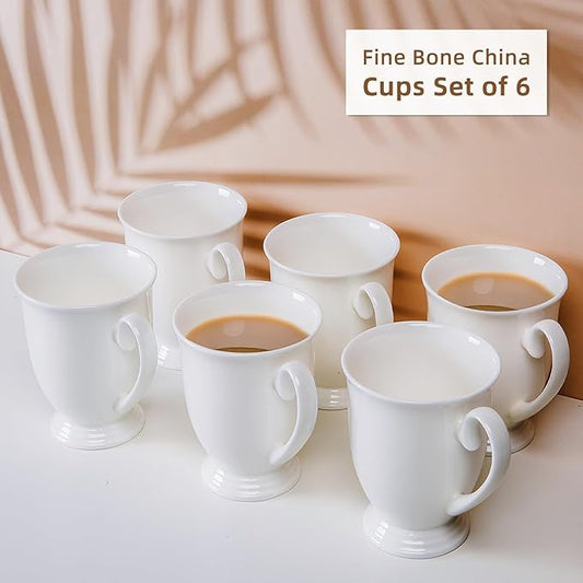 Luxury Fine Bone China White Coffee Mugs Set of 6 (8 oz), Ceramic Euro Style Tea Cups, Elegant Durable Coffee Cups Set for Gifts, Women, Men, Mom, Dad, Wedding