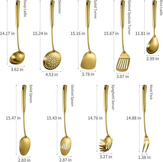 304 Stainless Steel Kitchen Cooking Utensils Set - 9 PCS Serving Utensils, Include Skimmer, Soup Ladle, Spaghetti Server, Wok Spatula, Slotted & Solid Spoon, Slotted Spatula Turner, Meat Fork (Gold）