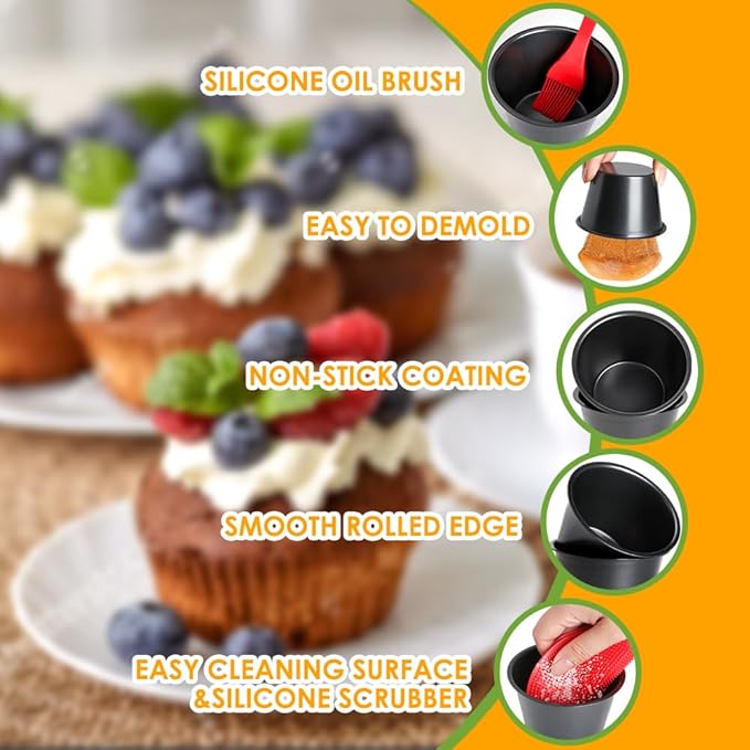 10 Pcs Nonstick Popover Pan, Individual Muffin Cupcake Pan Carbon Steel Pudding Cups with Oil & Dish Brush, Chocolate Molten Mould for Muffins, Quiches, Pudding Cakes, Frittatas(3.5"x2.2")