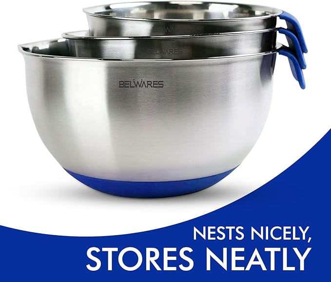 Belwares Mixing Bowls with Lids Set - Nesting Bowls with Graters, Handle, Pour Spout, Airtight Lids - Stainless Steel Non-Slip Mixing Bowl for Cooking, Baking, Prepping, Food Storage (Set of 3)